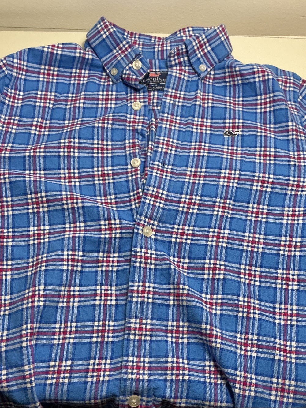 Vineyard Vines Blue and White Plaid Button-Down Shirt with Red Accents